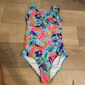 LANDS END GIRLS ONE PIECE SWIM BATHING SUIT GREEN FLORAL SIZE 14